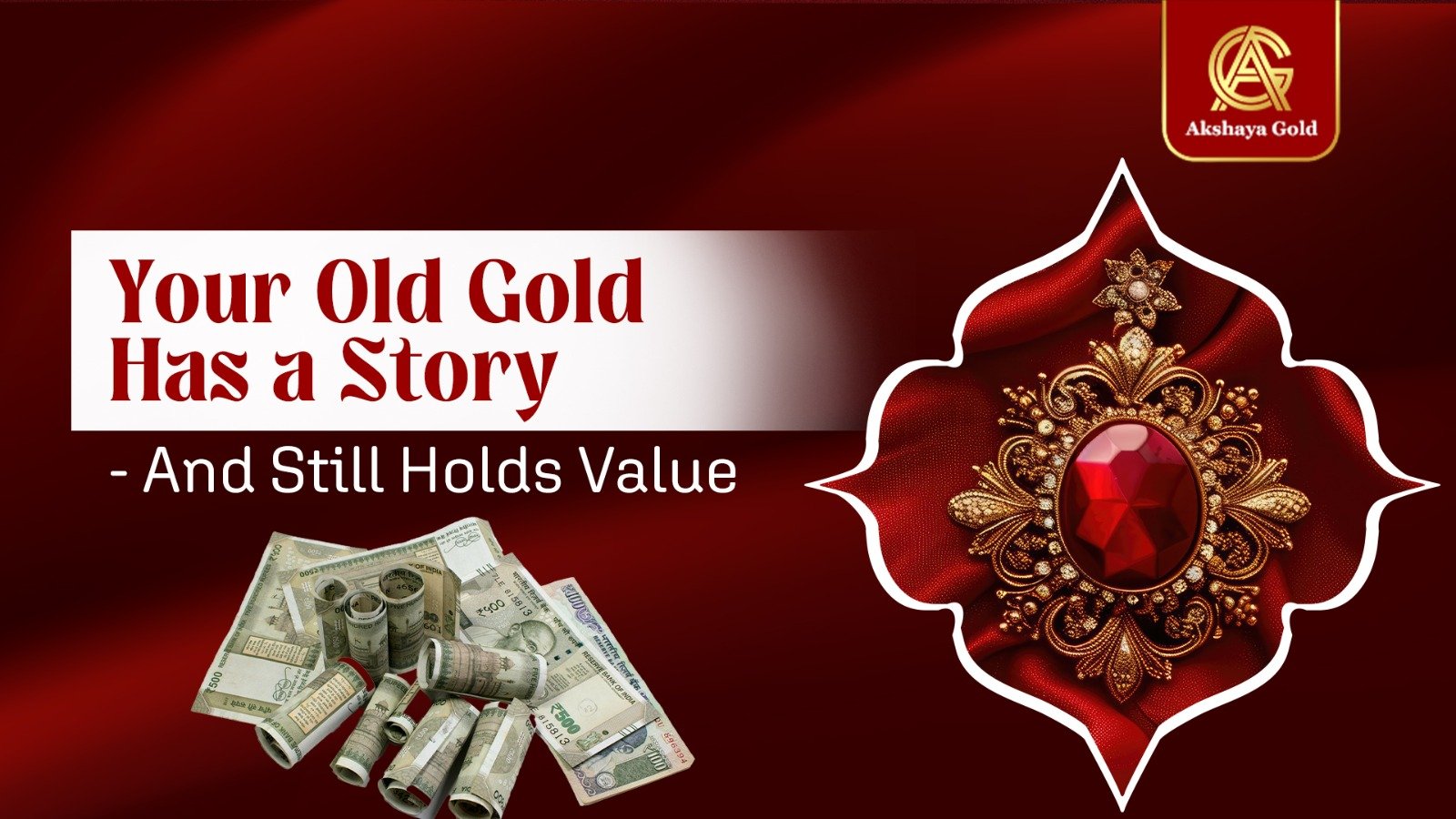 Old gold jewelry and cash bundles representing trusted gold buyers offering instant cash for old gold and unwanted gold ornaments.