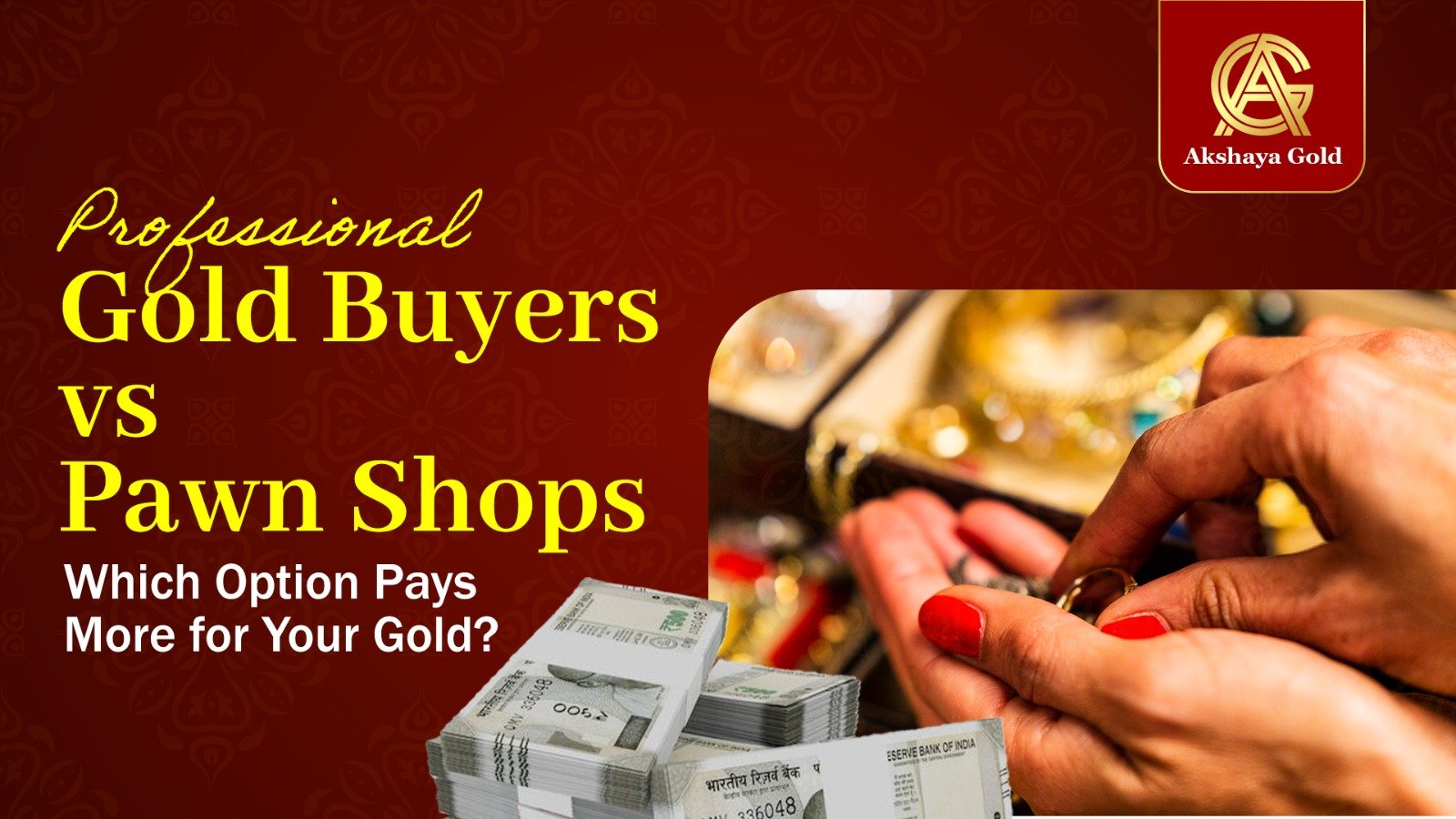 Professional gold buyers compared to pawn shops showing gold jewelry and cash for gold-selling services.
